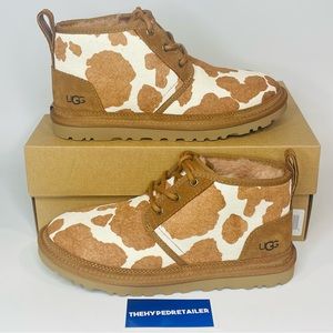 UGG Neumel Cow Print Mesa Sand Chestnut White Fur Shoes Women's Sizes NEW